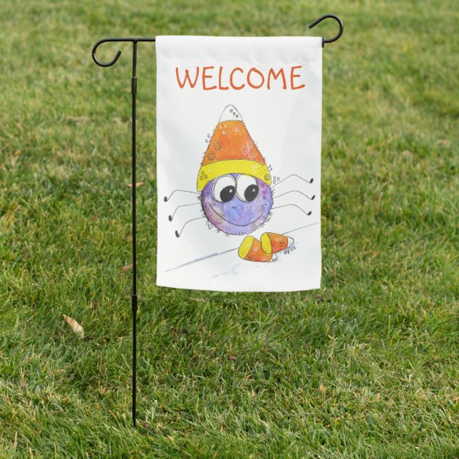 Cute Whimsical Candy Corn Spider Garden Flag (In SItu)