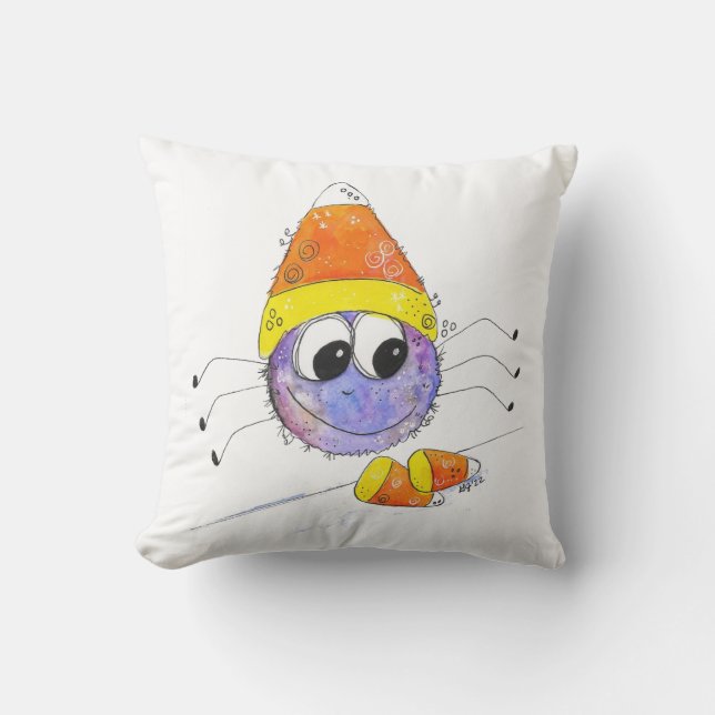 Cute Whimsical Candy Corn Spider Throw Pillow (Front)