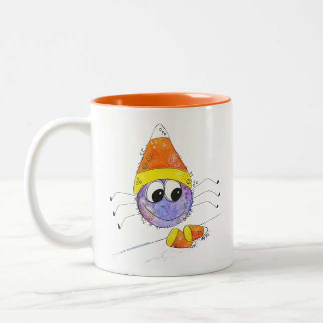 Cute Whimsical Candy Corn Spider Two-Tone Coffee Mug (Left)