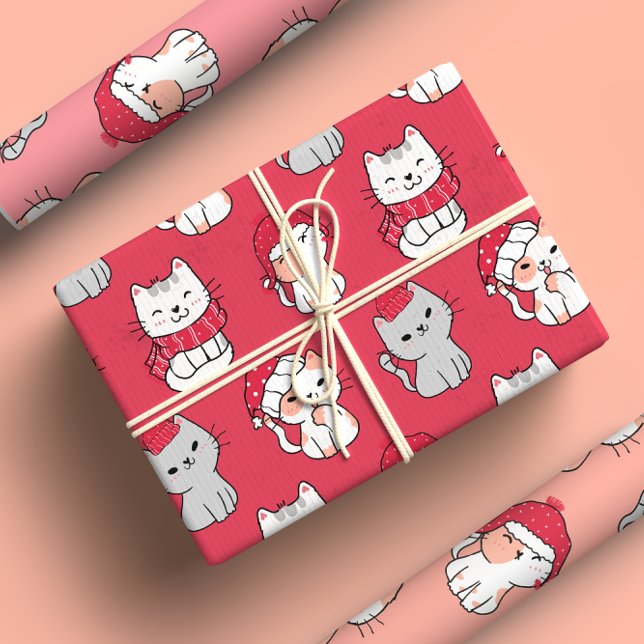 Cute Whimsical Cartoon Cat Christmas Wrapping Paper Sheets (Creator Uploaded)
