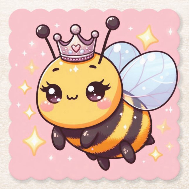 Cute Whimsical Cartoon Queen Bee Paper Coaster (Front)