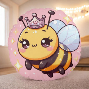 Cute Whimsical Cartoon Queen Bee Round Pillow