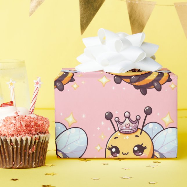 Cute Whimsical Cartoon Queen Bee Wrapping Paper (Birthday Party)