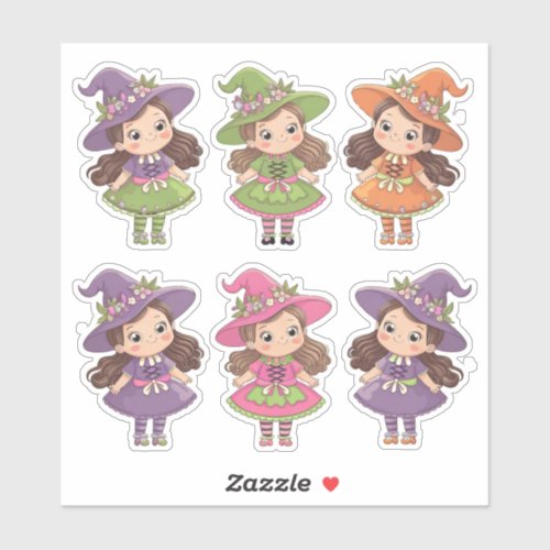 Cute Whimsical Cartoon Witches Sticker Sheet
