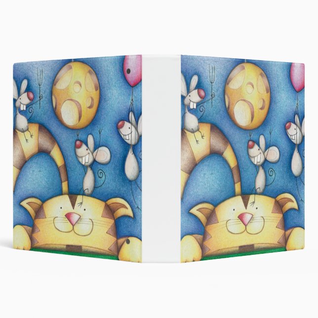 Cute Whimsical Cat and Mouse Moon Art 3 Ring Binder (Background)