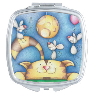 Cute Whimsical Cat and Mouse Moon Art Compact Mirror