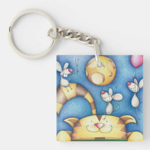 Cute Whimsical Cat and Mouse Moon Art Keychain