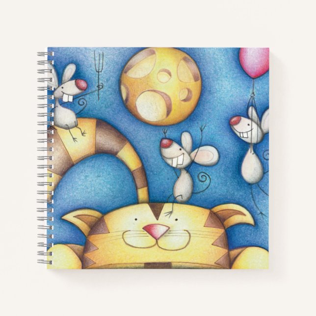Cute Whimsical Cat and Mouse Moon Art Notebook (Front)
