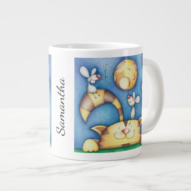 Cute Whimsical Cat and Mouse Moon Art Personalised Giant Coffee Mug (Front Right)
