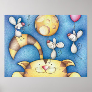 Cute Whimsical Cat and Mouse Moon Art Poster