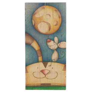 Cute Whimsical Cat and Mouse Moon Art Wood Flash Drive