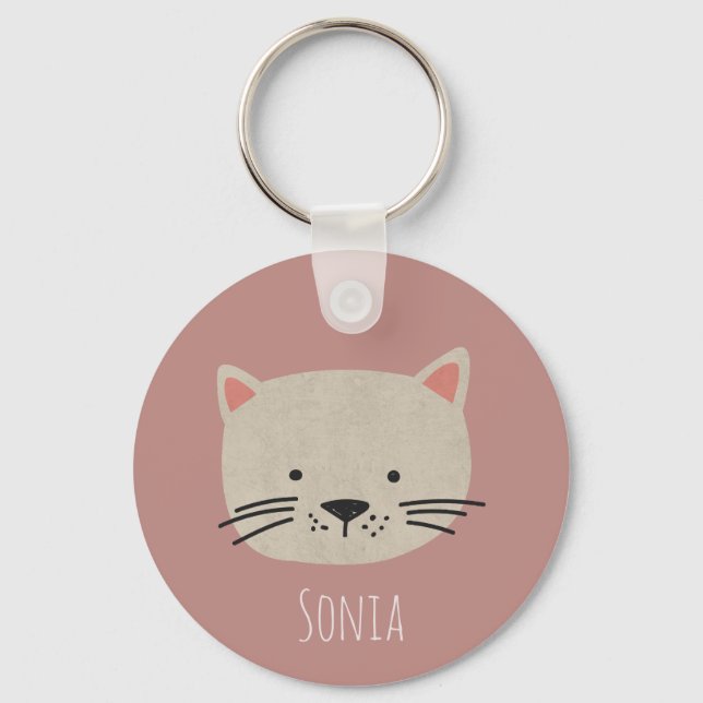 Cute Whimsical Cat Face Keychain (Front)