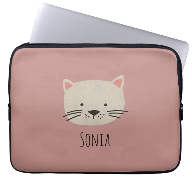 Cute Whimsical Cat Face Laptop Sleeve (Front)