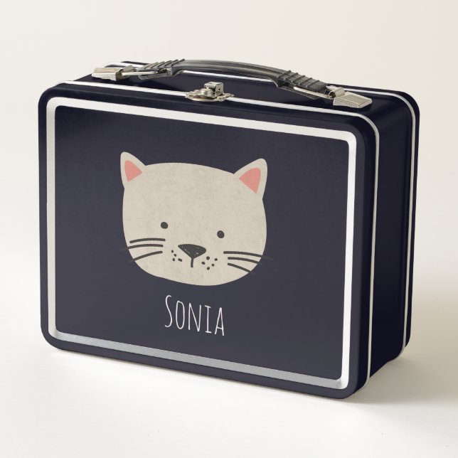 Cute Whimsical Cat Face Metal Lunch Box (Front)