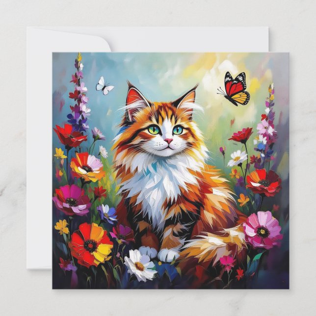 Cute Whimsical  Cat, Flowers and Butterflies Card (Front)
