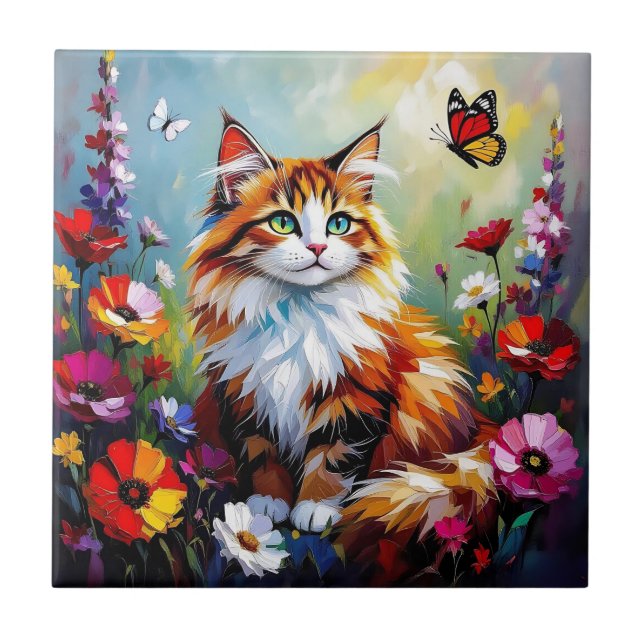 Cute Whimsical  Cat, Flowers and Butterflies Ceramic Tile (Front)