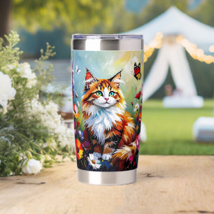 Cute Whimsical Cat, Flowers and Butterflies Insulated Tumbler