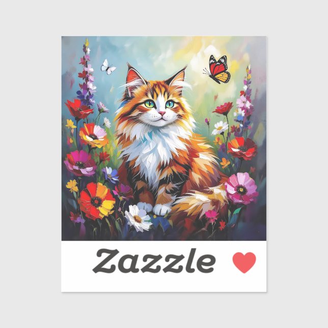 Cute Whimsical  Cat, Flowers and Butterflies Sticker (Sheet)