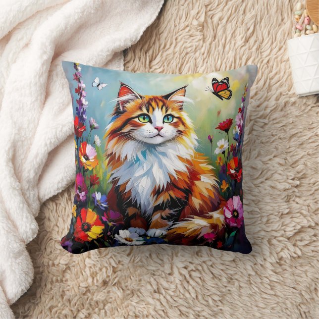 Cute Whimsical  Cat, Flowers and Butterflies Throw Pillow (Blanket)