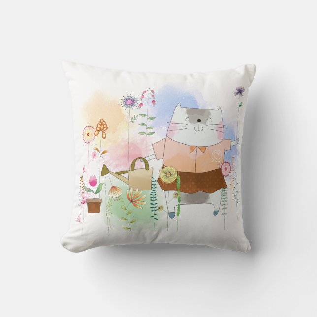 Cute Whimsical Cat Gardening Flowers Summer Throw Pillow (Front)