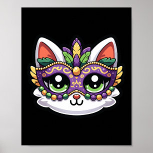 Cute Whimsical Cat In Festive Mardi Gras Mask Poster