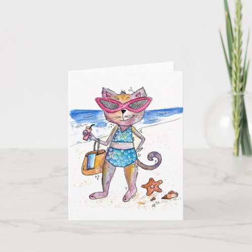 Cute Whimsical Cat on the Beach Card