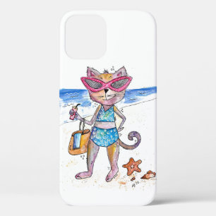 Cute Whimsical Cat on the Beach iPhone 12 Case