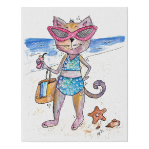 Cute Whimsical Cat on the Beach Faux Canvas Print