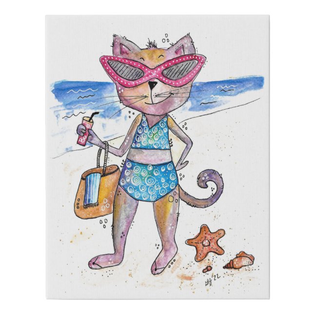 Cute Whimsical Cat on the Beach Faux Canvas Print (Front)