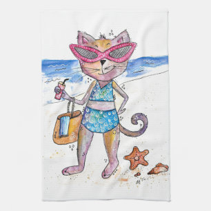 Cute Whimsical Cat on the Beach Kitchen Towel