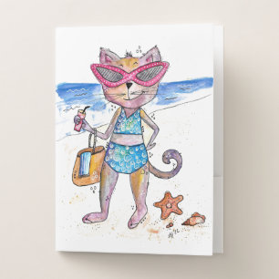 Cute Whimsical Cat on the Beach Pocket Folder