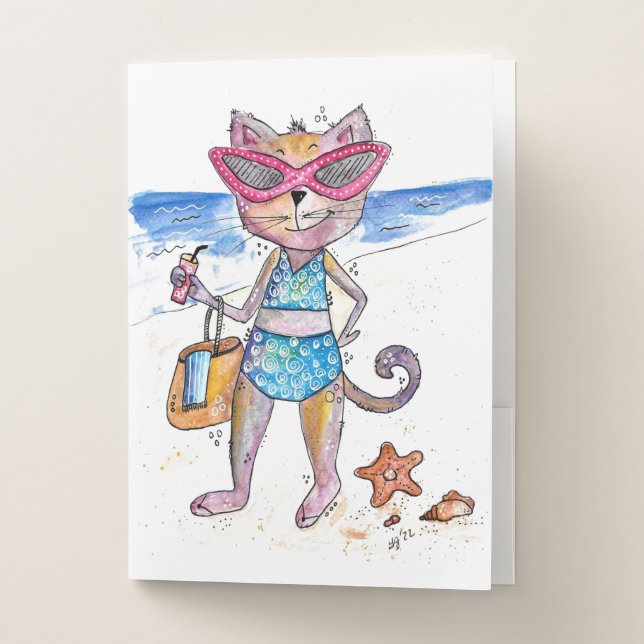 Cute Whimsical Cat on the Beach Pocket Folder (Front)