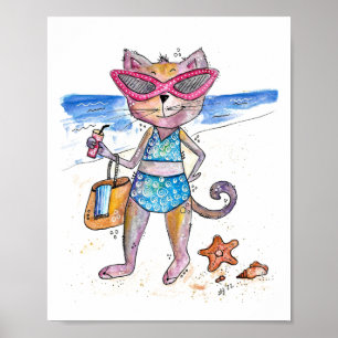 Cute Whimsical Cat on the Beach Poster