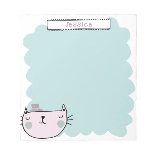 Cute Whimsical Cat Pastel Teal Lilac Custom Name Notepad