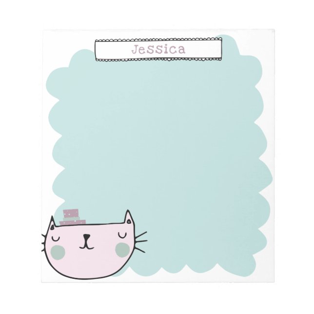 Cute Whimsical Cat Pastel Teal Lilac Custom Name Notepad (Front)