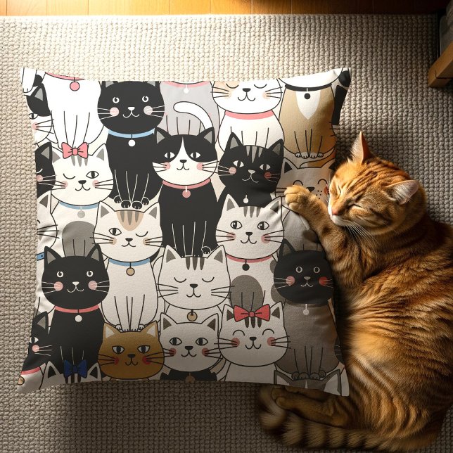 Cute Whimsical Cat Pattern Throw Pillow (Creator Uploaded)