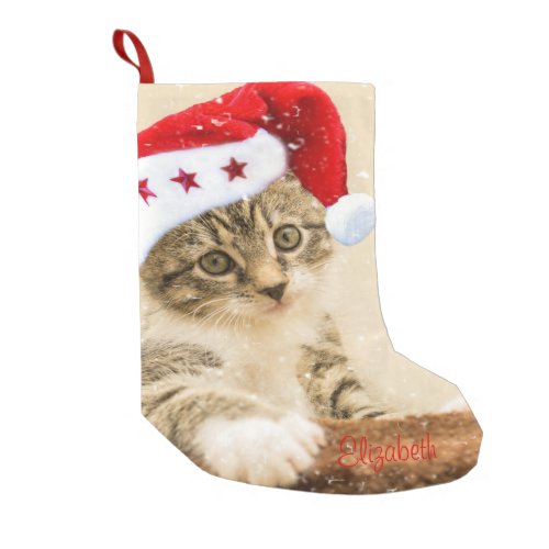 Cute Whimsical Cat With  Santa Hat Small Christmas Stocking