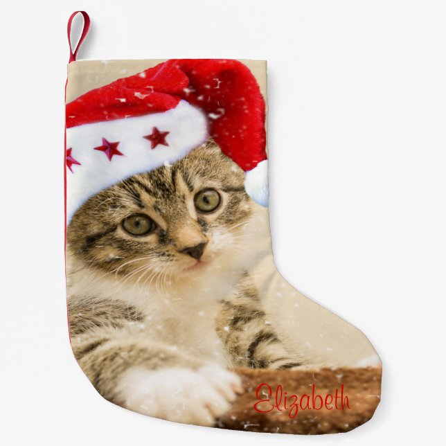 Cute Whimsical Cat With  Santa Hat Small Christmas Stocking (Front)