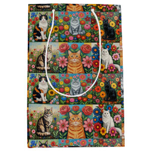 Cute Whimsical Cats and Folk Art Flowers Medium Gift Bag