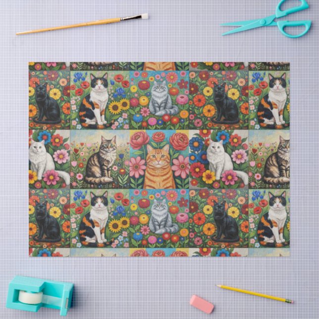 Cute Whimsical Cats and Folk Art Flowers Tissue Paper (Craft)