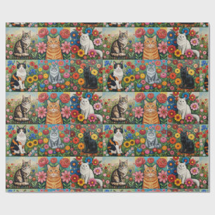Cute Whimsical Cats and Folk Art Flowers Wrapping Paper