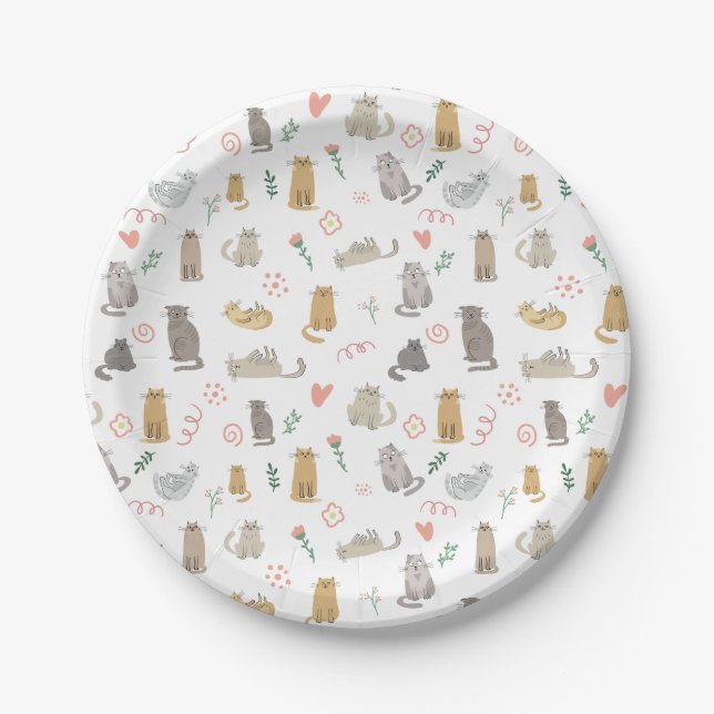 Cute Whimsical Cats Pattern Illustration Paper Plates (Front)