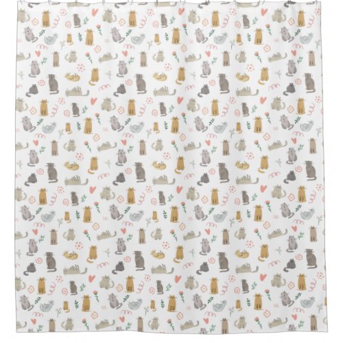 Cute Whimsical Cats Pattern Illustration Shower Curtain