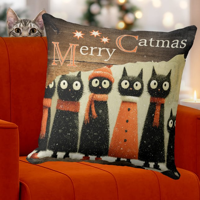 Cute Whimsical Cats Rustic Christmas Throw Pillow (Christmas pillow featuring a whimsical painting of cute cats on rustic wood. Original for cat lovers)