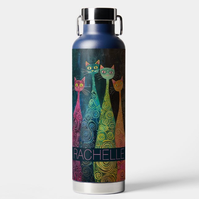 Cute Whimsical Cats with Name  Water Bottle (Front)