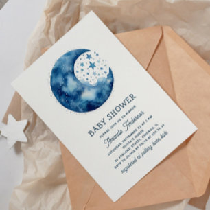 Cute whimsical celestial blue moon baby shower invitation