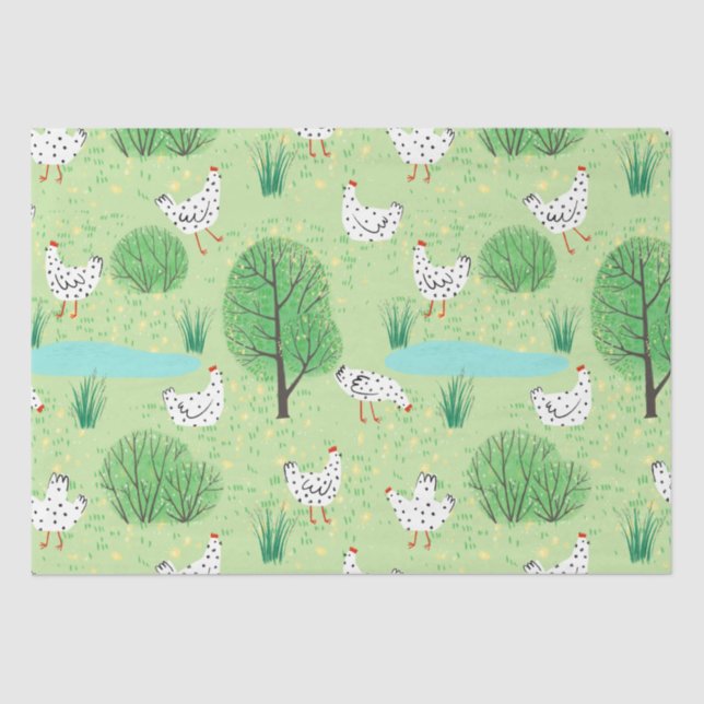 Cute Whimsical Chicken Meadow Green Field Hens Tissue Paper (Front)