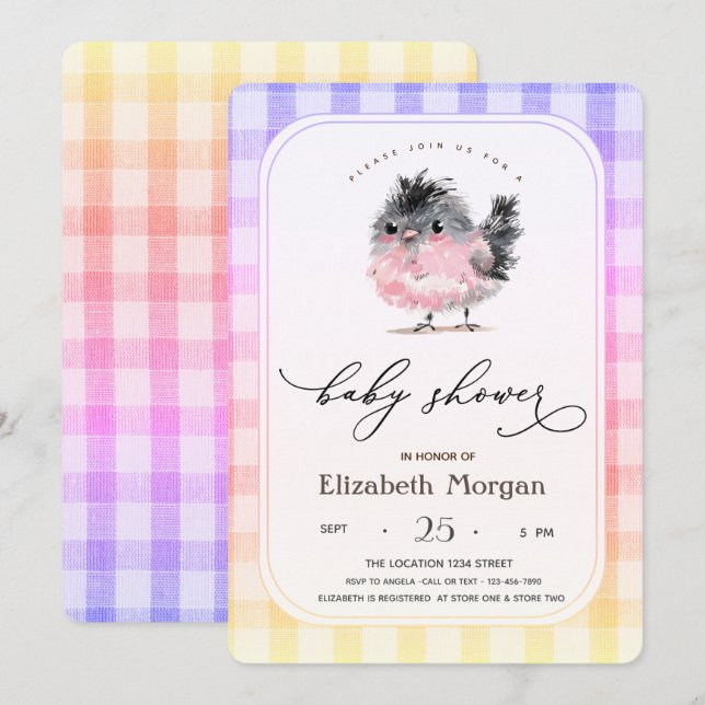 Cute Whimsical Chicken Plaid Baby Shower  Invitation (Front/Back)