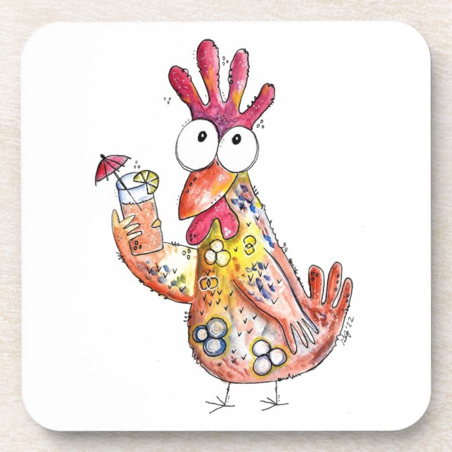 Cute Whimsical Chicken with Tropical Drink Beverage Coaster (Front)