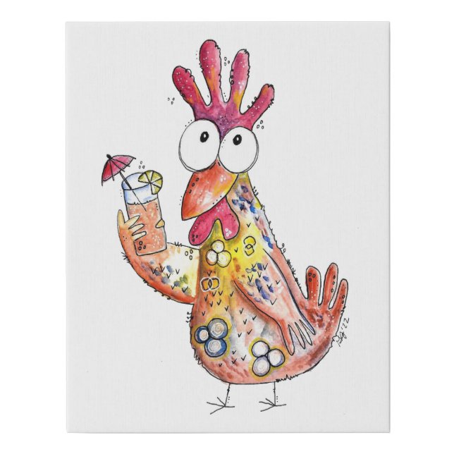 Cute Whimsical Chicken with Tropical Drink Faux Canvas Print (Front)